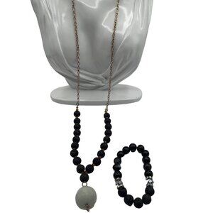 Black Lava Bead Necklace & Bracelet Set With Large Stone Pendant Adjustable Chai